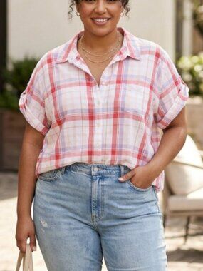 Riders By Lee Pink White Plaid Button Front Top Blouse Plus 2X Cotton Casual
